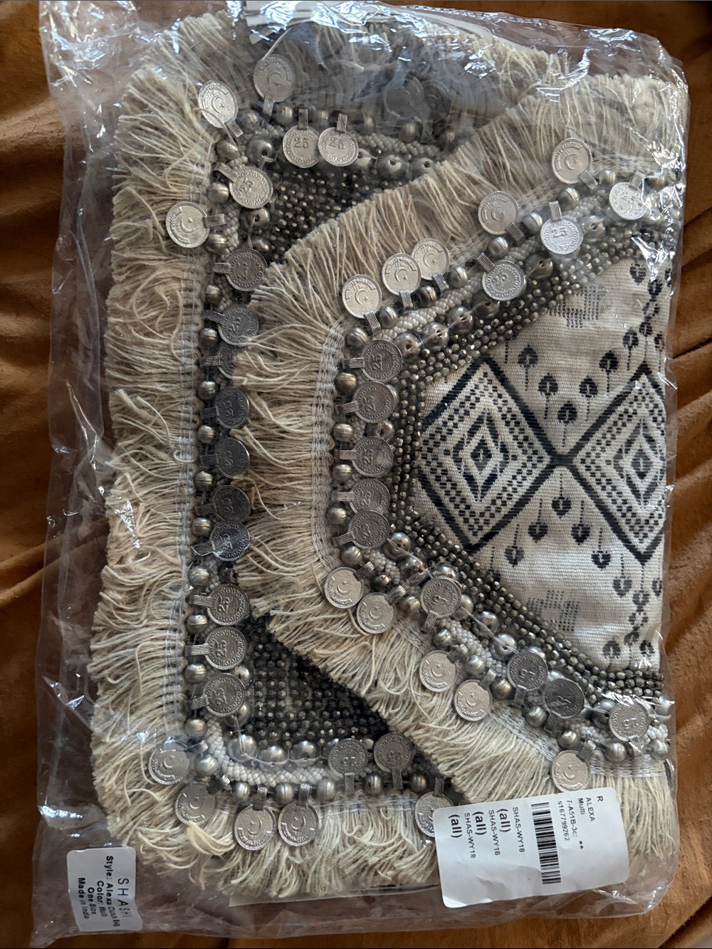 SHASHI Cream and Black Beaded Coin Fringe Clutch